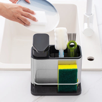 1 pieza, dispensador de jabón para fregadero de cocina de acero inoxidable con soporte para esponja, bandeja organizadora 3 en 1 para líquido de lavado de platos y esponjas, soporte de drenaje, almacenamiento de encimera para cepillos de limpieza y platos