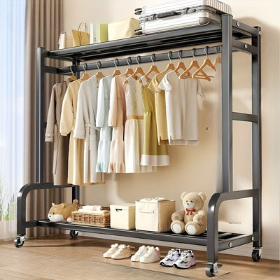 Perchero de Metal de Doble Barra con Cesta de Almacenamiento, Estantes y Ganchos - Organizador Portátil de Ropa, Fácil Montaje, Altura Ajustable, Diseño Ahorrador de Espacio para Dormitorio, Armario, Sala, Secado de Ropa