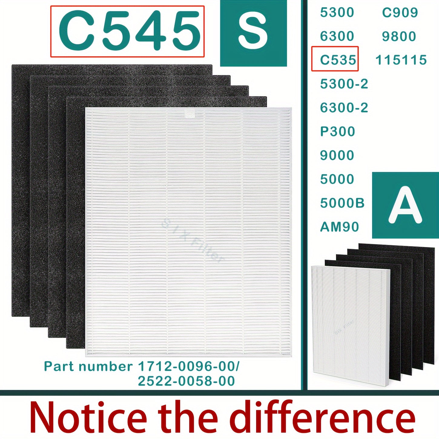 5pcs// C545 H13 Filtro de Repuesto True HEPA S Compatible con el Purificador de Aire Winix C545, Reemplaza el Filtro Winix S// Filtro de Repuesto 115115 A para Winix PlasmaWave 5300, 6300, C535, 5300-2, 6300-2, P300, AM90, 9000, 5000, 5000B, C909 9800 Pu
