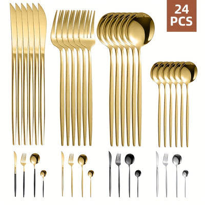 24 piezas Juego de cubiertos de acero inoxidable, juego de cubiertos aptos para lavavajillas con cuchillos, tenedores, cucharas, cucharaditas para el hogar, cocina, restaurante, fiesta, boda - Ideal para Navidad, Halloween, Pascua, Hanukkah, Acción de Gr