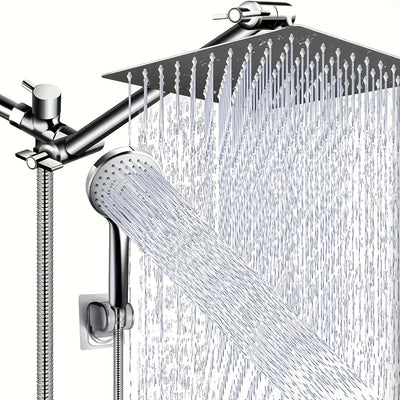 Cabezal de ducha fijo de acero inoxidable con 5 funciones, ideal para baños, incluye ducha de mano, barra de ducha, válvula desviadora, manguera y barra de extensión