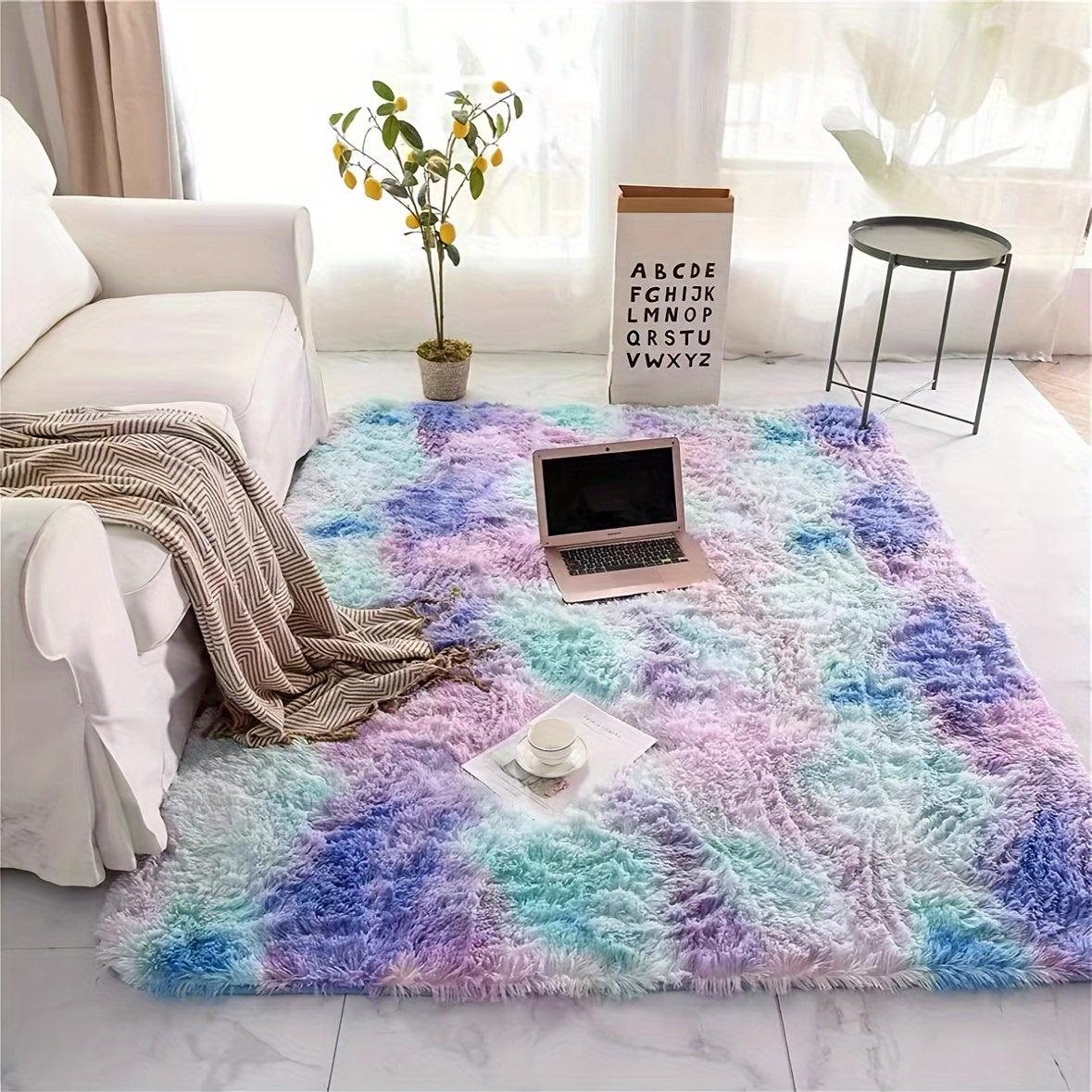 Alfombra de tela de peluche larga de colores de arco iris degradados con esponja suave y gruesa, atmósfera cálida y acogedora decorativa para interiores, alfombra de gran superficie para el suelo, limpieza a mano no se deshilacha y alfombra de pelo para