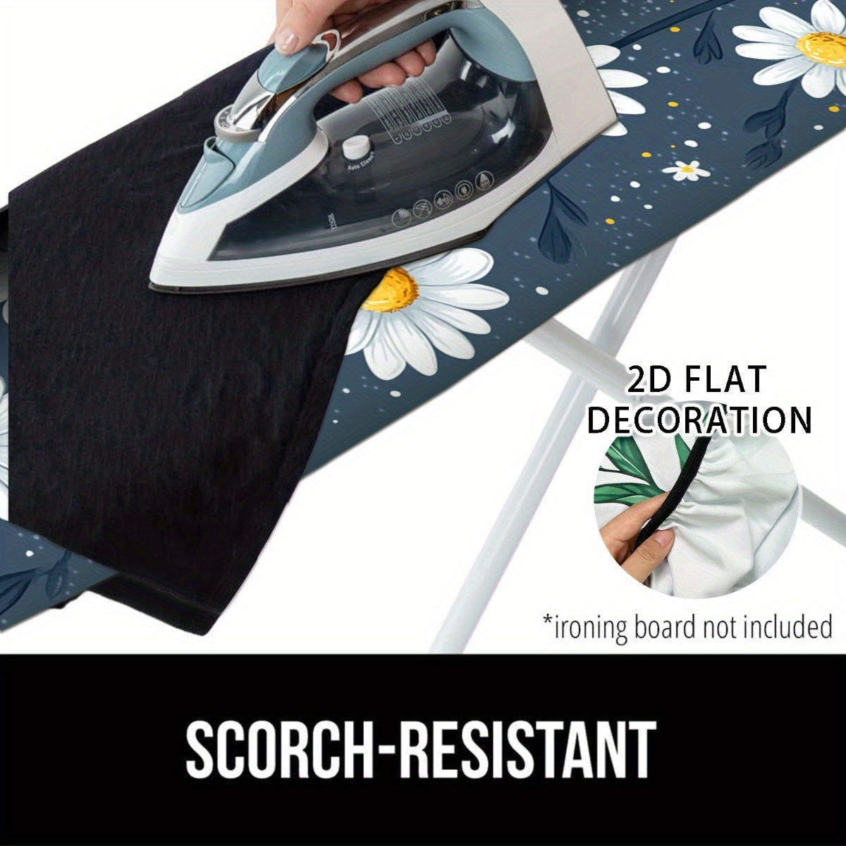 Funda de tabla de planchar 2D plana, floral - Rejilla completa resistente al quemado, bordes elásticos, diseño lavable a máquina de alta resistencia con patrones de margarita y estrella, se ajusta a tablas estándar (tabla no incluida), tabla de planchar