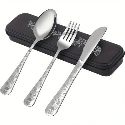 Juego de cubiertos gótico portátil, 4 piezas con estuche, acero inoxidable premium, incluye cuchara, tenedor y cuchillo, ideal para lonchera, campamento, senderismo, oficina, escuela o residencia, regalo perfecto para Día de Muertos, Navidad o Año Nuevo