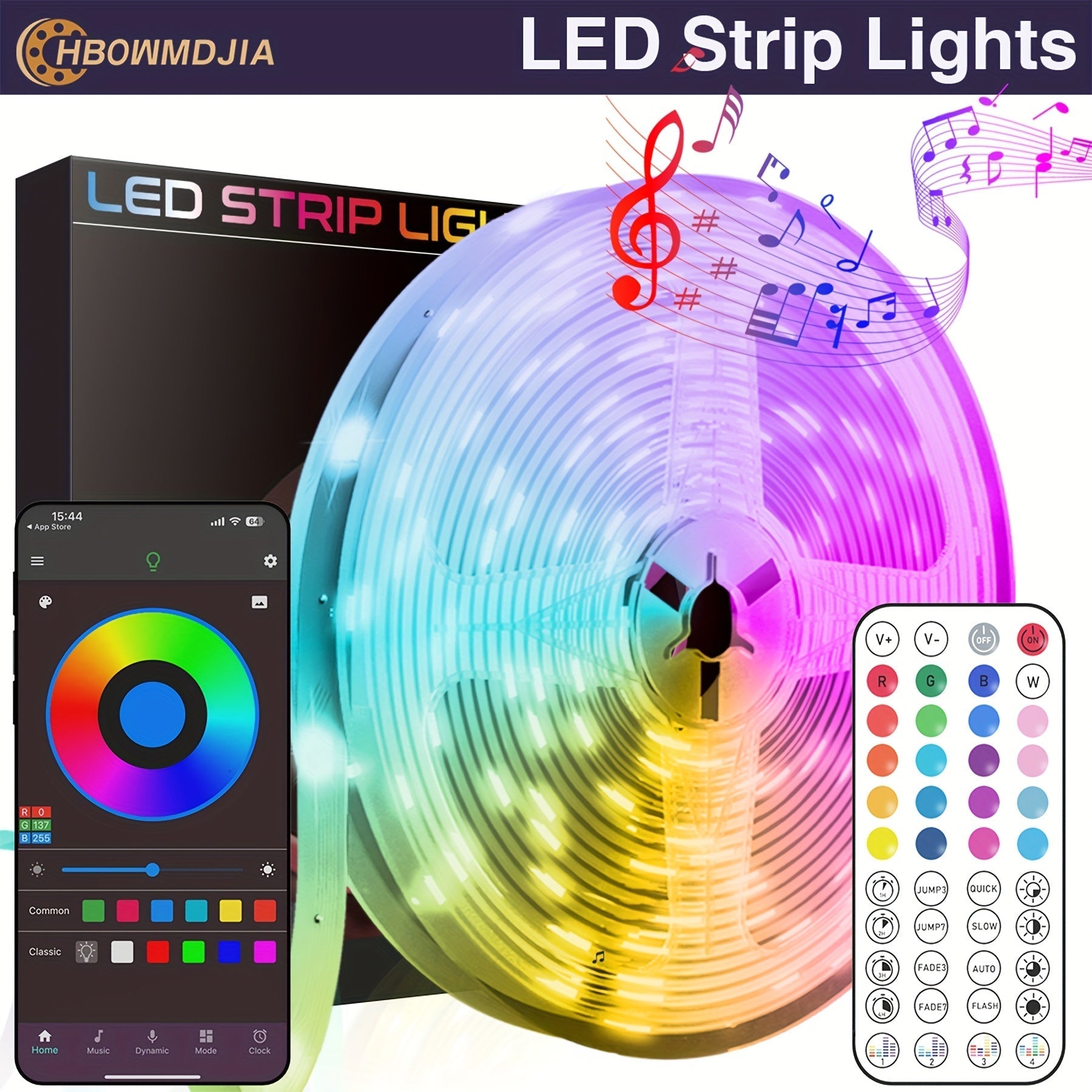 HBOWMDJIA Tiras de Luces LED Inteligentes, 4.88 metros-30.48 metros - Sincronización con Música, Cambio de Color, Alimentadas por USB con App Inalámbrica y Control Remoto - Ideales para Ambiente de Dormitorio, Fiestas en Casa y Decoraciones de Hoteles, L