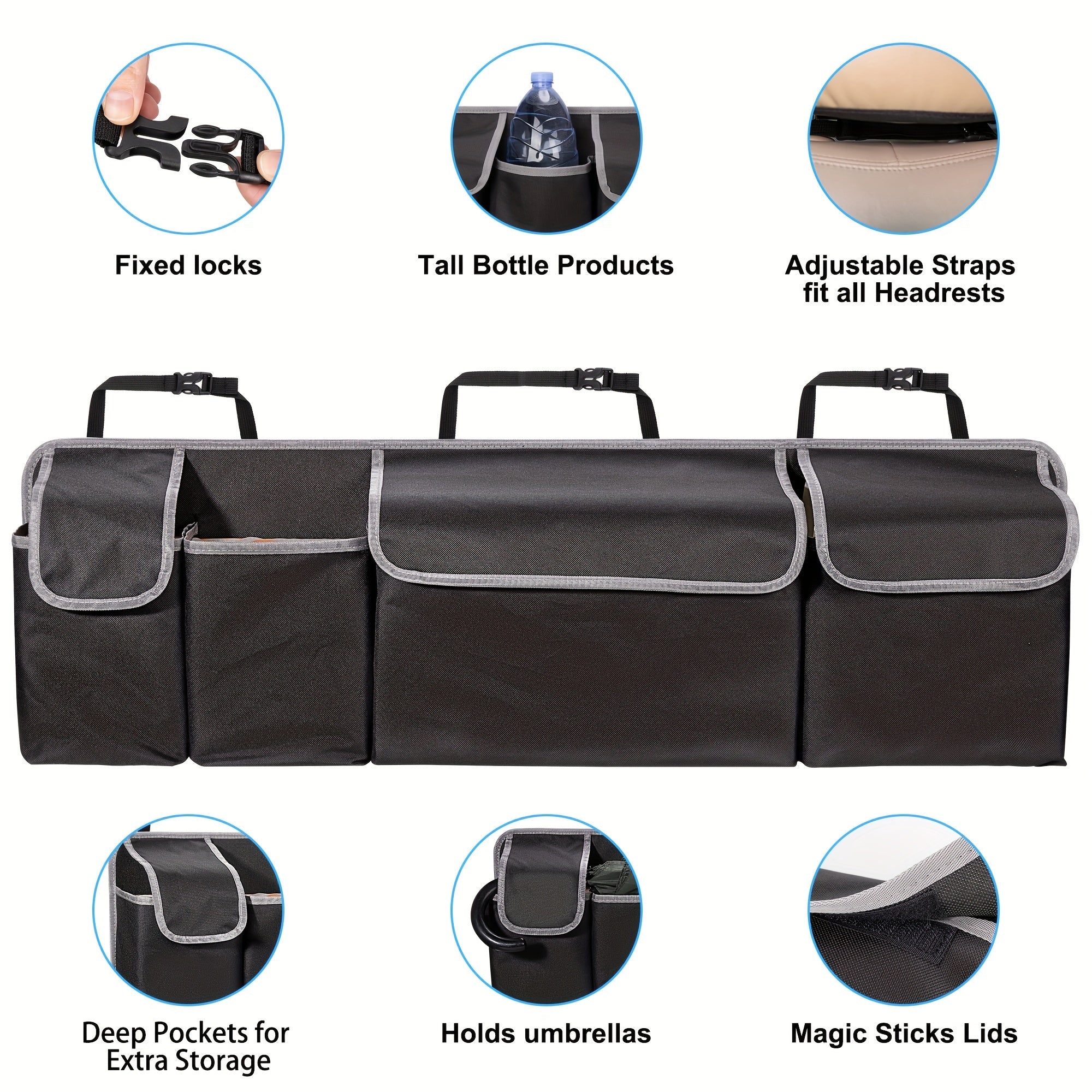Organizador de maletero de coche con 4 bolsillos y 3 tapas separadas - Accesorios de carga plegables, material duradero de poliamida, almacenamiento multi-cámara para asiento trasero y maletero, organización de vehículos, cierre de cremallera seguro