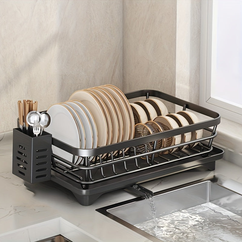 Escurridor de Platos de Una Capa para Encimera, con Tubo de Drenaje Giratorio 360° y Almacenamiento de Utensilios, Ideal para Organización en Cocinas de Solteros o Parejas