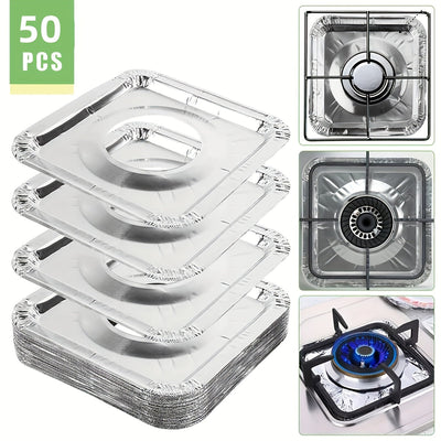 50 unidades de cubiertas de quemadores de estufa de gas desechables de alta resistencia - Protectores cuadrados de papel de aluminio para mantener aceite, grasa y fugas de comida alejados de las cocinas, protectores de la parte superior de la estufa