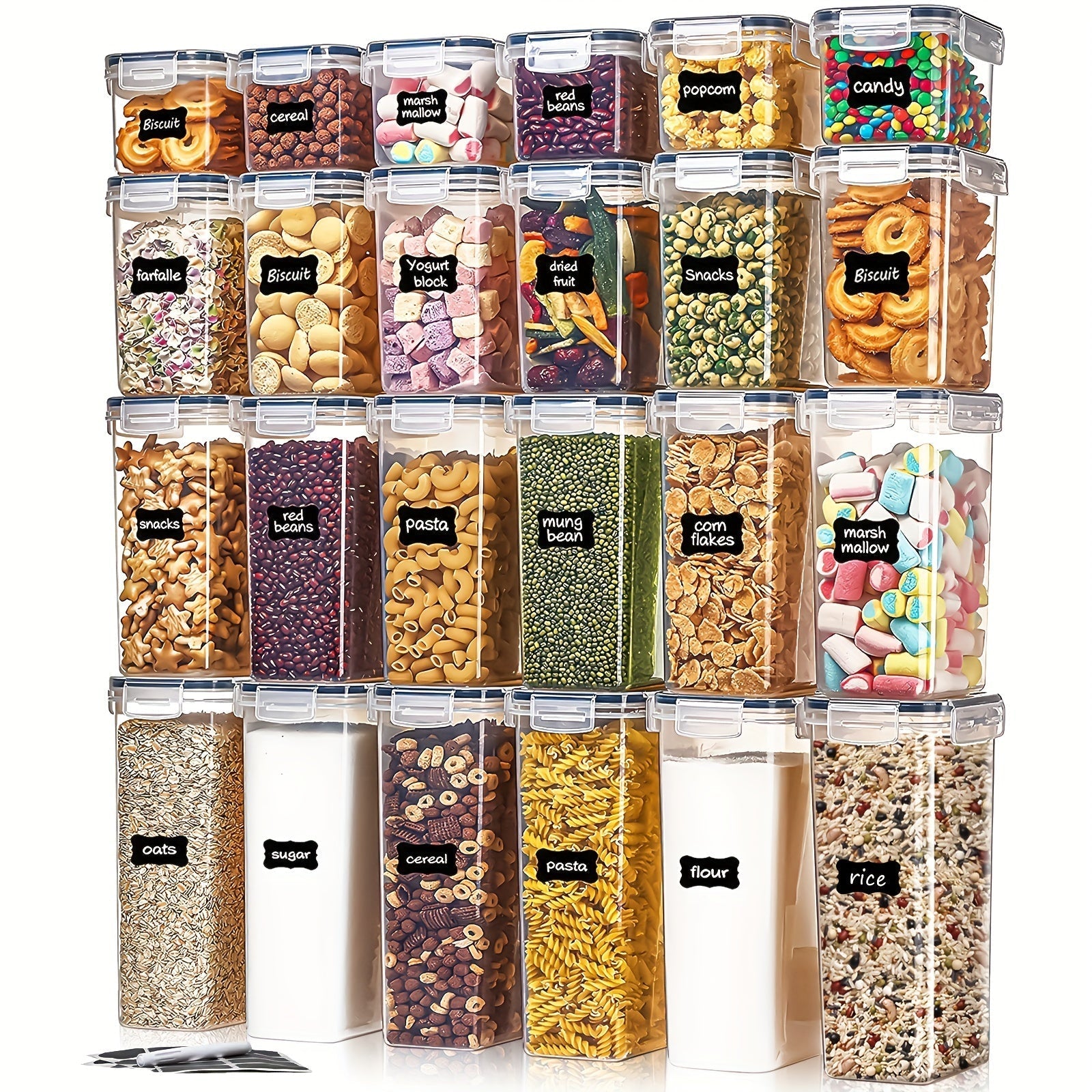 Juego de 24 contenedores herméticos para alimentos, libres de BPA, con tapa, organizadores de despensa, aptos para lavavajillas, incluye etiquetas y marcador, ideal para cereales, arroz, té, frutos secos, suministros de cocina