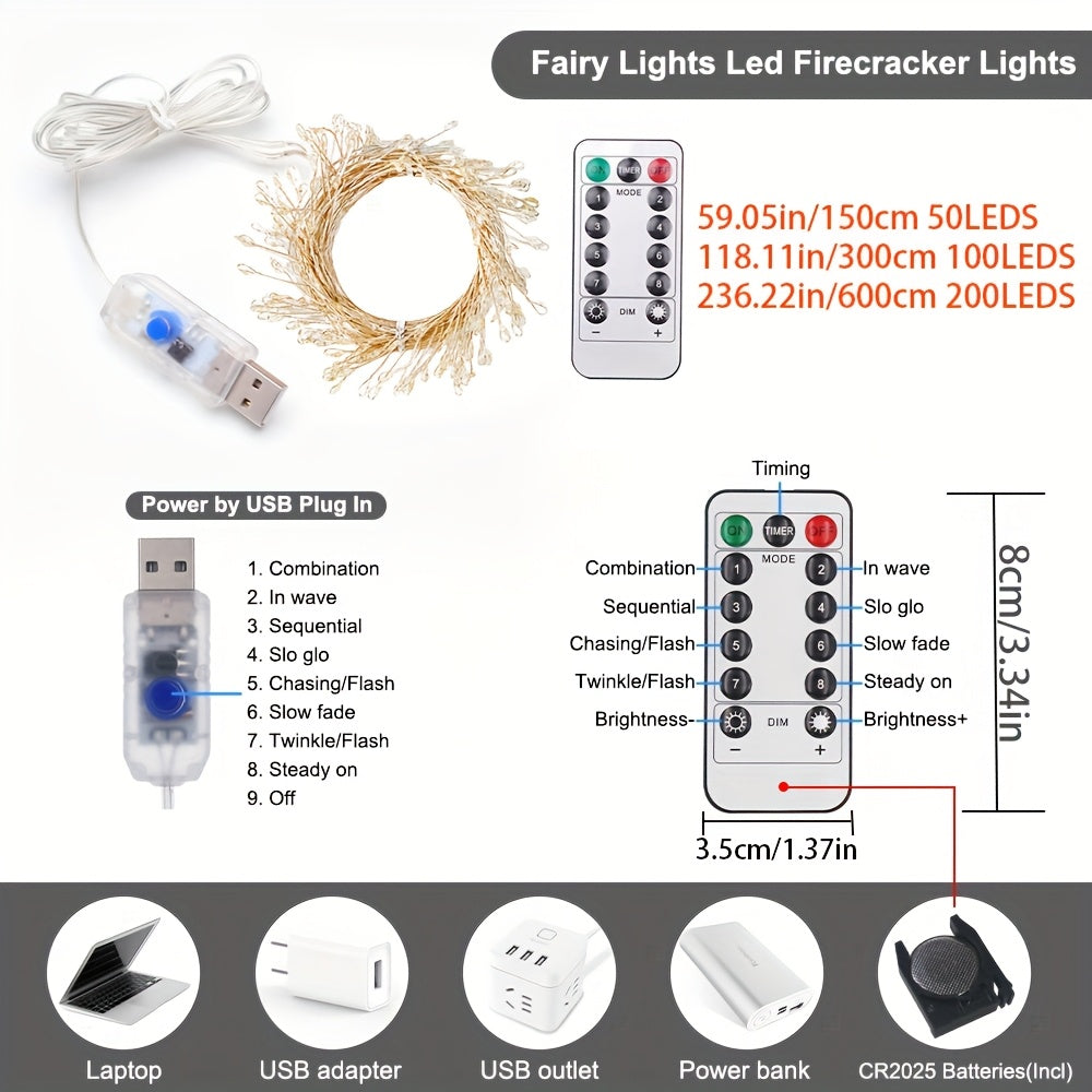 1pc Luces LED de Hadas con Alimentación USB y Control Remoto - 8 Modos de Iluminación, Temporizador, Opciones de Blanco Cálido y Multicolor - Perfecto para Árbol de Navidad, Dormitorio, Techo, Guirnalda, Ventana, Decoraciones de Boda, Uso Interior/Exteri