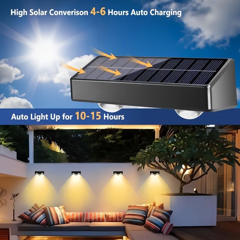4 Luces Solares de Pared FACHOI con Sensor Inteligente, 2 Luces Solares para Exteriores: Balcón, Porche, Cerca, Centro Comercial, Jardín, Garaje y Decoración Festiva - 9 Modos de Iluminación Colorida