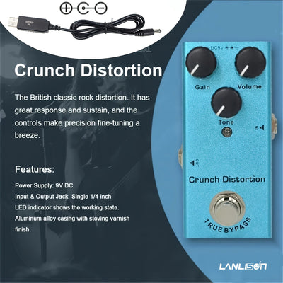 Pedal de Efectos para Guitarra Eléctrica Crunch Distortion Tipo Mini Simple DC 9V True Bypass Equipado con Cable de Refuerzo USB5V a 9V