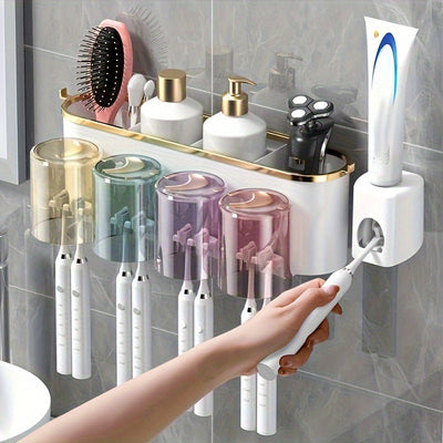 1pc Soporte multifuncional de lujo para cepillos de dientes y estante para tazas - Almacenamiento de pasta de dientes y enjuague bucal montado en la pared con exprimidor incorporado - Organizador de baño que ahorra espacio hecho de plástico duradero