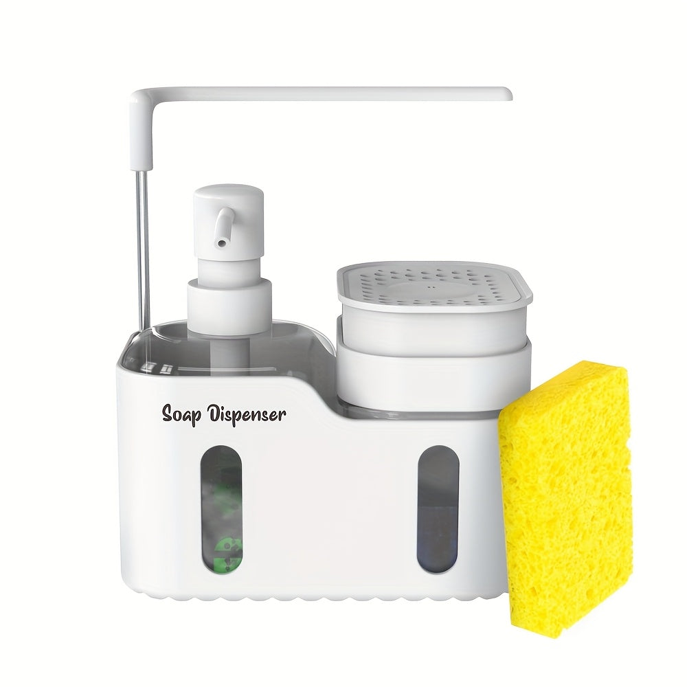 Juego de Dispensador de Jabón para Manos y Lavavajillas, Organizador 4 en 1 con Portaesponja y Portapaneles para Encimera de Cocina, Utiles Prácticos para la Cocina
