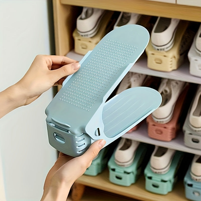 10 piezas de estantería de zapatos ajustable de plástico - Organizador que ahorra espacio para entrada, pasillo, sala de estar - Fácil montaje, resistente a la decoloración, blanco con acordes azules, solución de almacenamiento de zapatos | Moderna estan
