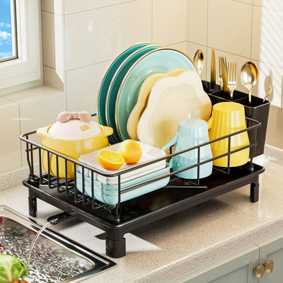 Estante para Platos de Una Capa que Ahorra Espacio con Porta-Cubiertos y Tabla de Escurre - Perfecto para la Organización del Fregadero de la Cocina