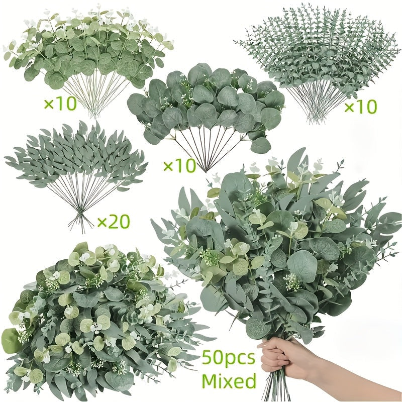50 piezas de eucalipto artificial y tallos mezclados en bruto, 4 tipos de combinación de hojas de eucalipto artificial, decoración de jardín al aire libre, arreglo de ramo DIY para decoración del hogar, temporada de bodas, arreglo de ramo mezclado DIY, d