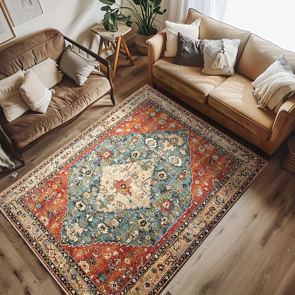 Alfombra de estilo persa lavable roja 850 g/m², estampado vintage para interiores, imitación antigua, peluche de alta calidad, gran área decorativa antimañanas para pasillos, dormitorios y cocinas