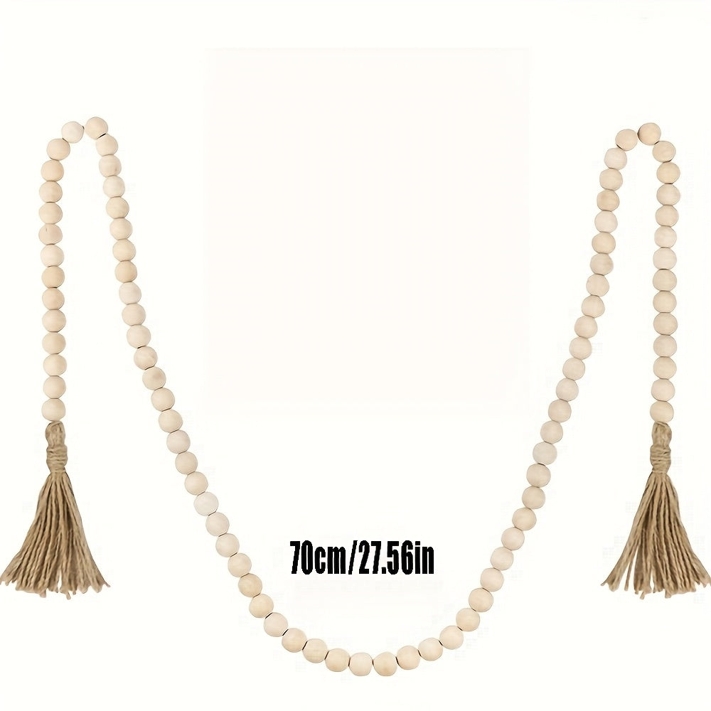 Guirnalda de cuentas de madera vintage con borlas de yute - 142cm Color madera natural, decoración para el hogar rústico para colgar o exhibir, estilo granja, no necesita electricidad, decoración de granja | Estética natural | Guirnalda de borlas de yute