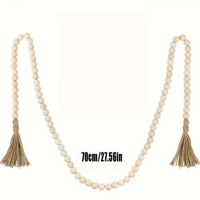 Guirnalda de cuentas de madera vintage con borlas de yute - 142cm Color madera natural, decoración para el hogar rústico para colgar o exhibir, estilo granja, no necesita electricidad, decoración de granja | Estética natural | Guirnalda de borlas de yute
