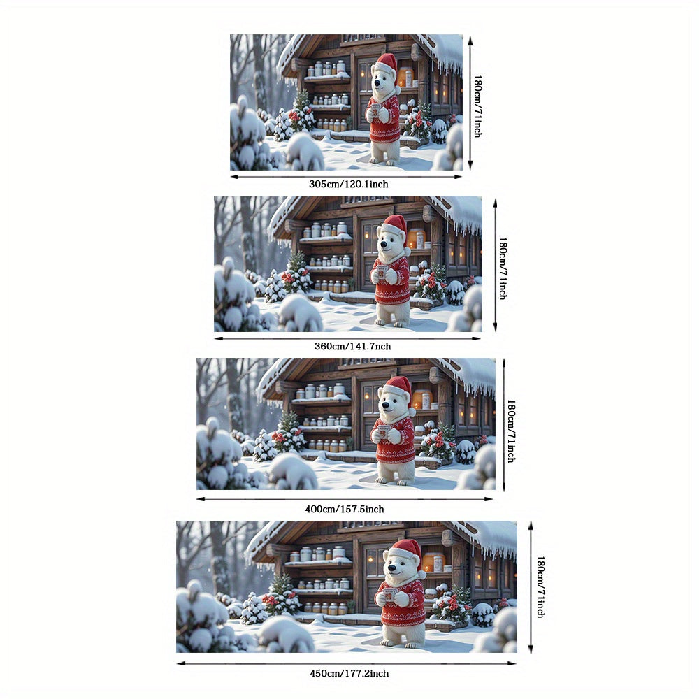 2D Banner de puerta, 1 pieza, Oso polar navideño festivo con banner de puerta de chocolate caliente - Poliéster, escena de cabaña nevada, ideal para decoraciones navideñas, bodas y celebraciones de jardín al aire libre, decoraciones navideñas