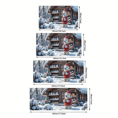 2D Banner de puerta, 1 pieza, Oso polar navideño festivo con banner de puerta de chocolate caliente - Poliéster, escena de cabaña nevada, ideal para decoraciones navideñas, bodas y celebraciones de jardín al aire libre, decoraciones navideñas
