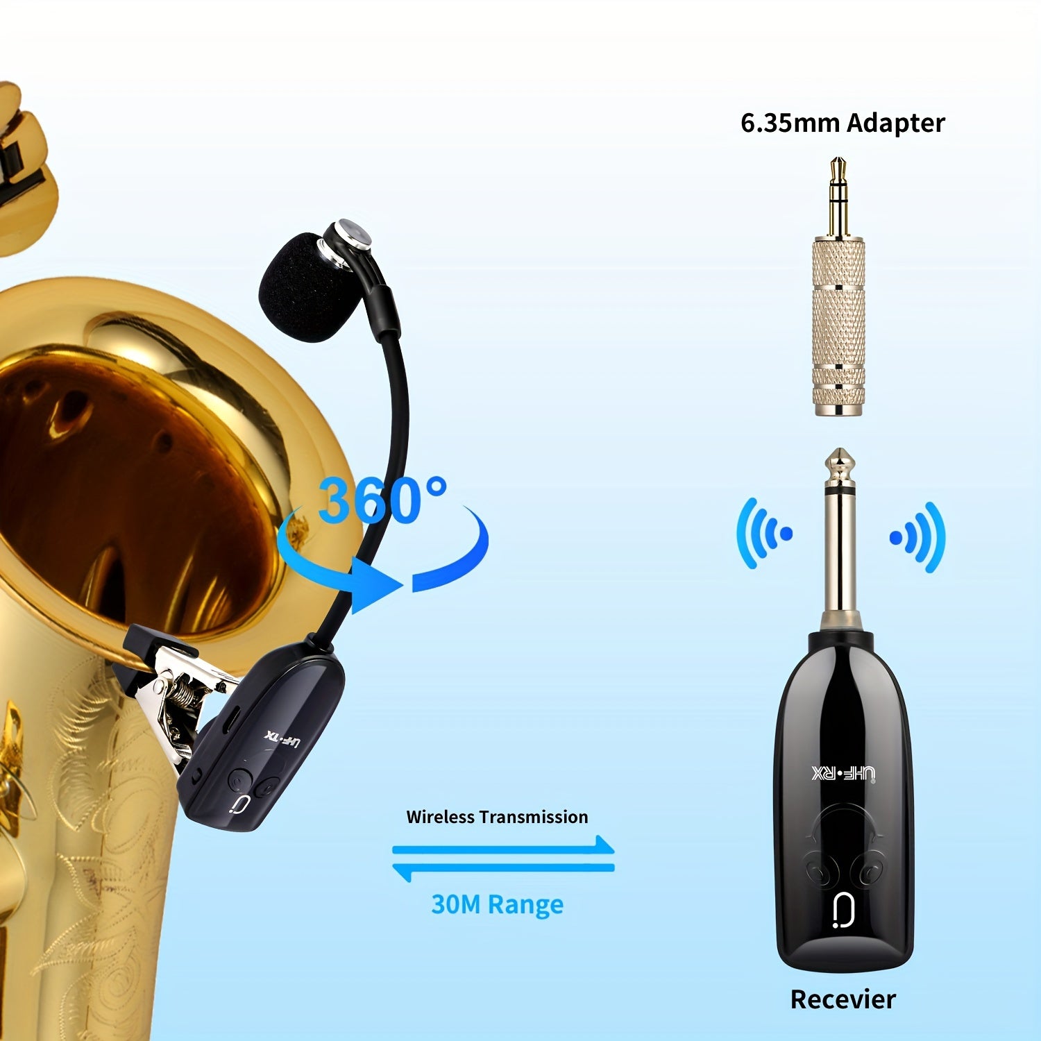 Micrófono inalámbrico UHF de la marca JYX con clip, receptor, transmisor - Plug & Play, carga USB-C, batería de litio recargable, potencia de 2,5-15W, ideal para orquesta, guitarra y saxofón, micrófono U230, mejora del audio del saxofón, equipo de audio