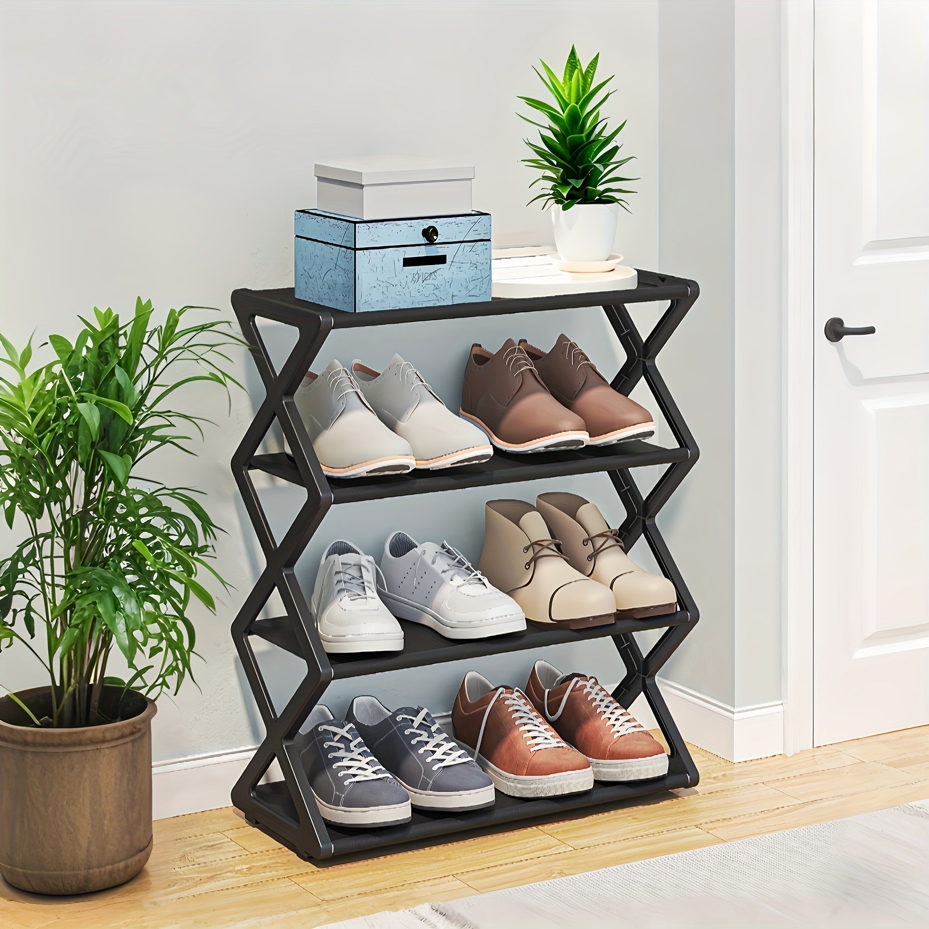 Estante de zapatos plegable y apilable de plástico - Caja de almacenamiento en forma de X que ahorra espacio, adecuada para entradas, pasillos, dormitorios y dormitorios, fácil de ensamblar, diseño duradero de plástico, caja de almacenamiento y organizac