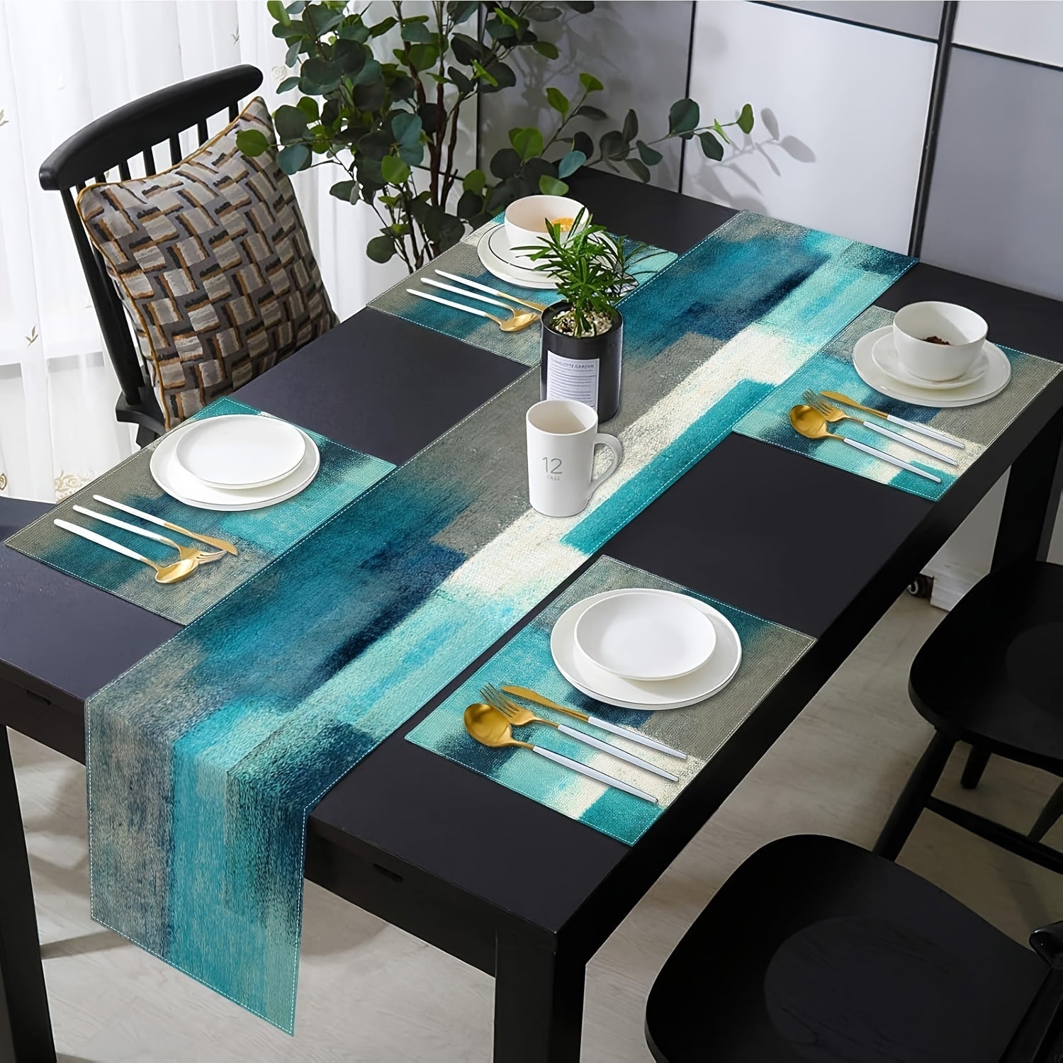 1 Juego, Corredor de mesa y servilletas de granja, decoración de mesa de arte abstracto de lino azul y gris, adecuado para uso diario, 1 pieza de corredor de mesa de 72 pulgadas de largo y 6 piezas de servilletas.