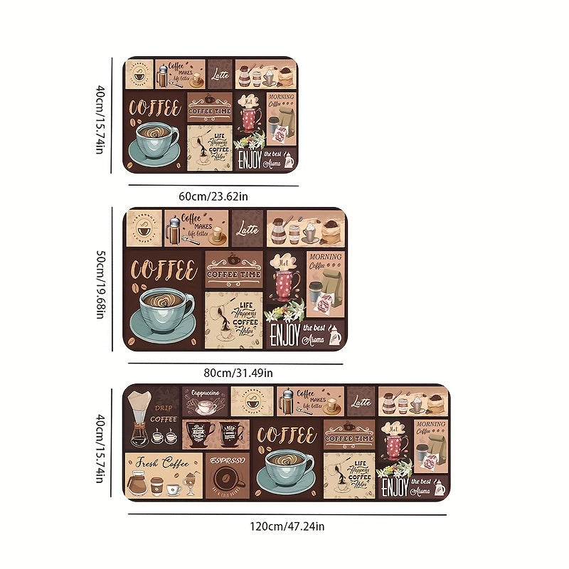 Alfombra de cocina con temática de café vintage – Cómoda alfombra de poliéster con diseños de taza y granos de café, ideal para entrada, dormitorio, sala y lavandería