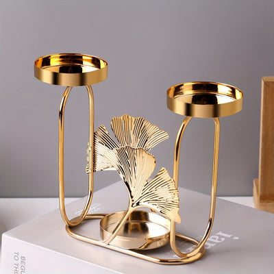 Soporte para velas de hierro artístico premium, 3 cabezas con diseño creativo de hoja de ginkgo, liviano, decorativo para cenas y fiestas, 1 unidad