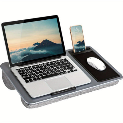 Escritorio portátil para oficina en casa, elegante en negro carbón, con repisa para dispositivos, almohadilla para mouse y soporte para teléfono, compatible con laptops de hasta 39.62 cm, organizador con cajón para almacenamiento en el hogar