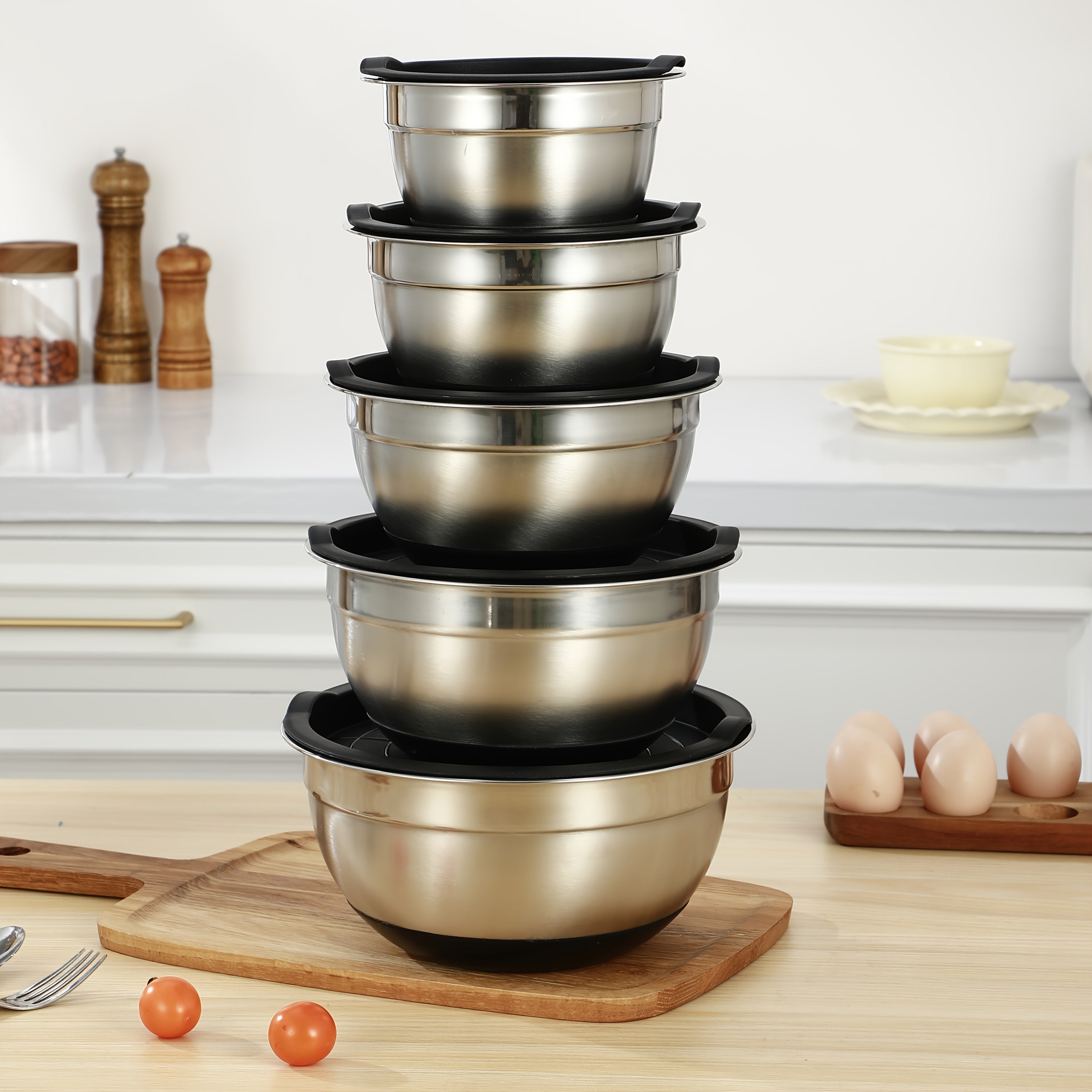 Juego de 5 tazones tapados para cocina, acero inoxidable, ideal para hornear, preparar, cocinar y servir, diseño en capas que ahorra espacio de almacenamiento