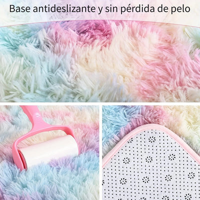 Alfombra de arcoíris con rayas y pelusa Xmwike - Mezcla de poliéster de alta pila tejida, ligera, resistente a la decoloración, alfombra rectangular para dormitorio, sala de estar - Solo lavado a mano, antideslizante