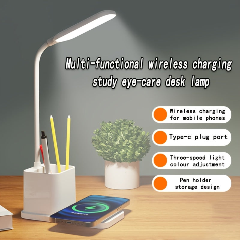 1 pieza de luz nocturna alimentada por USB con soporte para bolígrafo, lámpara de escritorio de carga inalámbrica minimalista moderna, plegable y ajustable en un ángulo de 360°, luz de tres colores con función de apagado táctil, adecuada para decorar el
