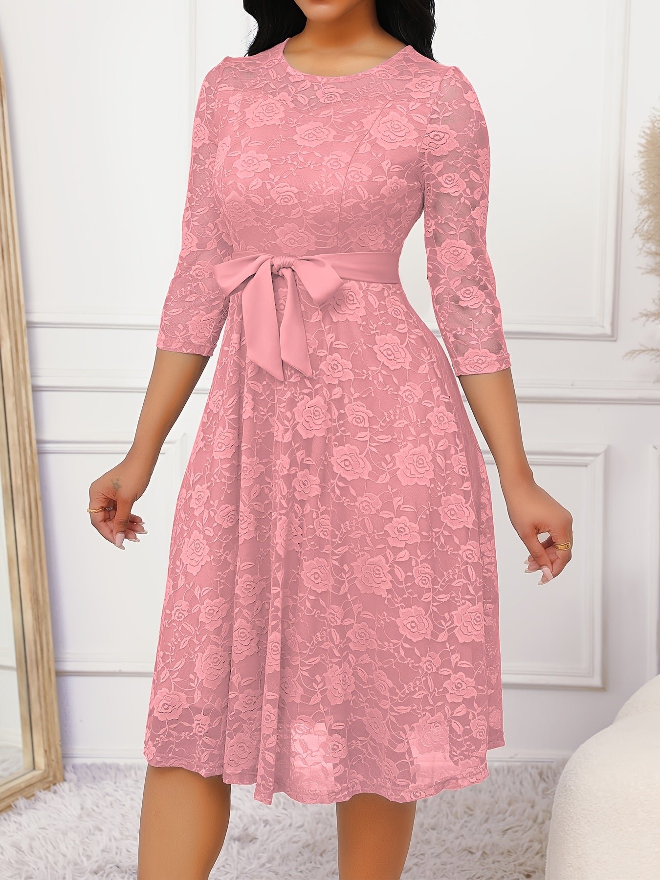 Vestido elegante con encaje floral, cinturón y dobladillo con volantes, cuello redondo y mangas 3/4, ideal para primavera y otoño, ropa de mujer
