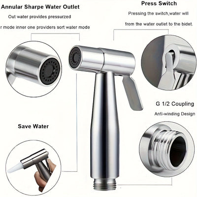 Kit de Ducha Manual de Alta Presión - Pistola de Limpieza para Baño de Acero Inoxidable con Manguera de 2 Metros y Conector en T de Una Entrada Dos Salidas, Soporte Montado en la Pared Sin Taladro, Cabezal Autolimpiante Resistente para Inodoro/Ducha/Masc