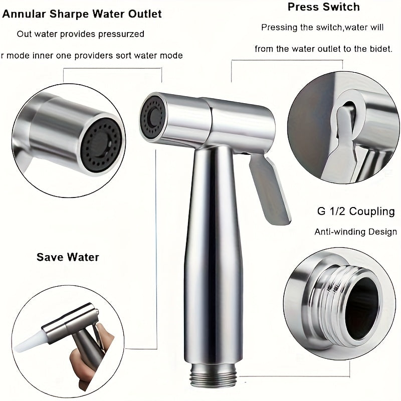 Kit de Ducha Manual de Alta Presión - Pistola de Limpieza para Baño de Acero Inoxidable con Manguera de 2 Metros y Conector en T de Una Entrada Dos Salidas, Soporte Montado en la Pared Sin Taladro, Cabezal Autolimpiante Resistente para Inodoro/Ducha/Masc