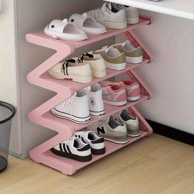 Organizador de zapatos de 4 niveles en forma de Z, caja de almacenamiento de plástico resistente con diseño curvo, fácil de armar, estante de pie ideal para sala o dormitorio, sin necesidad de herramientas, apilable y ahorrador de espacio, contenedor par