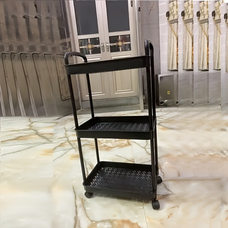 Carrito de Almacenamiento Rodante de Plástico Blanco de 3 Niveles con Asa - Organizador Multiusos para Cocina, Baño y Dormitorio - Estantes de Malla Duraderos para Acceso Fácil, Carro Utilitario Móvil | Almacenamiento Moderno | Almacenamiento Ventilado