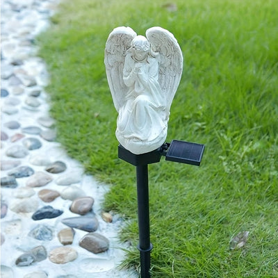 Ángel Blanco Solar Lámpara de Resina Artesanal con LED Iluminación Exterior para Jardín Luz Solar Decorativa para Césped y Senderos, Luces Paisajísticas para Patio y Fiestas