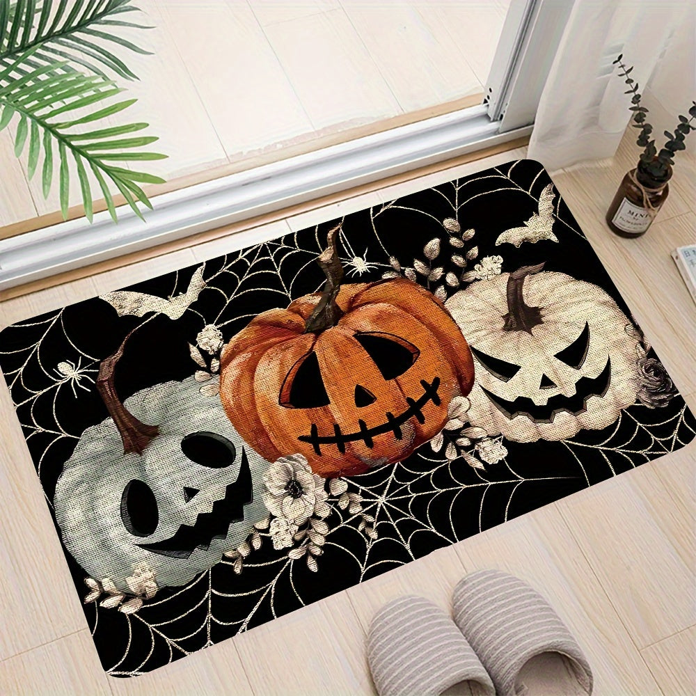 1pc Felpudo de Halloween de poliéster, diseño de telaraña de calabazas negras, felpudo decorativo de entrada espeluznante, respaldo de goma antideslizante para interiores/exteriores, rectangular, lavable a máquina, decoración de piso para el hogar y la c
