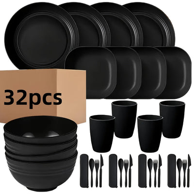 Juego de Vajilla de Plástico de 32 Piezas. Inquebrantable, Ligero para 4 Personas - Platos, Cuencos, Tazas con Tenedores, Cucharas, Cuchillos de Color Negro Sólido - Reutilizable, Apto para Microondas y Lavavajillas, Ideal para el Hogar, Picnic, Colecció