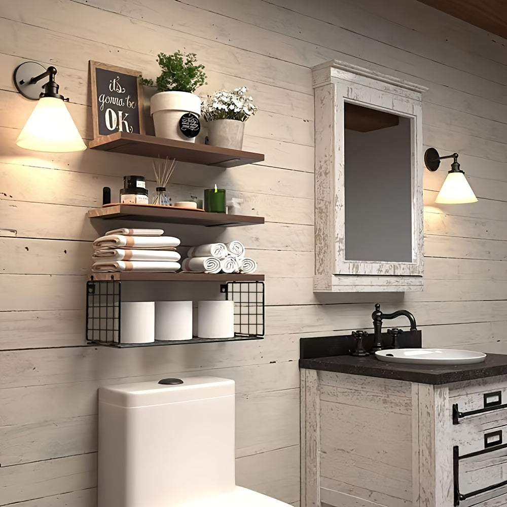 1 Juego, Estantes Flotantes De Pared, Con Cesta De Almacenamiento De Papel Higiénico, Estante De Baño De Pino Macizo Rural, Materiales De Madera, Instalación En La Pared