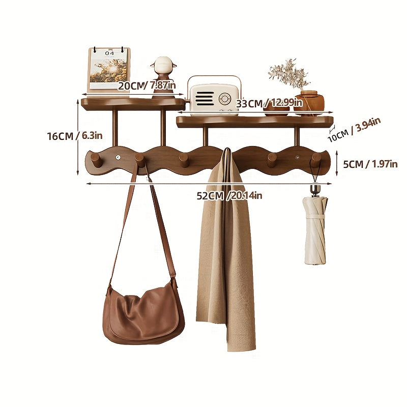 Organizador de pared estilo bohemio con 6 ganchos y colgador de llaves, diseño clásico para entrada, decoración esencial para el hogar, fácil instalación, organización del hogar | Organizador minimalista | Acabado en madera natural, decoración de pared c