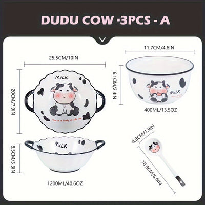 Juego de vajilla de cerámica moderna con lindo diseño de vaca de dibujos animados, platos y cuencos redondos con temática animal, adecuado para residencias universitarias y estudiantes universitarios - Juego de 3/4 piezas
