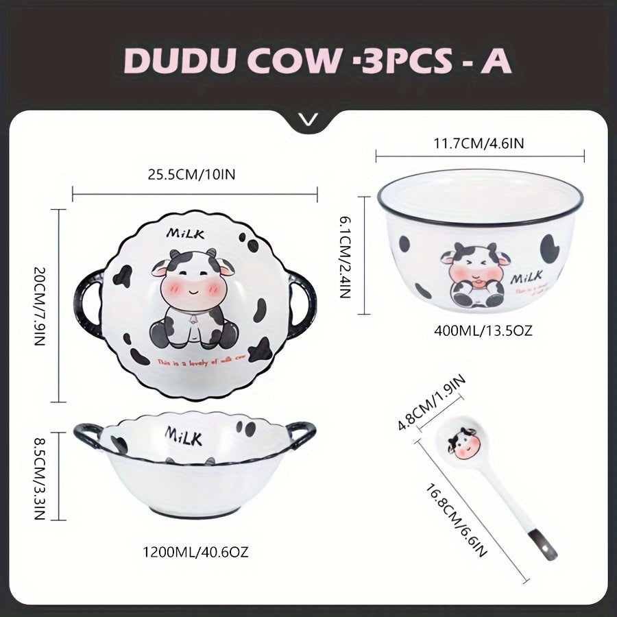 Juego de vajilla de cerámica moderna con lindo diseño de vaca de dibujos animados, platos y cuencos redondos con temática animal, adecuado para residencias universitarias y estudiantes universitarios - Juego de 3/4 piezas