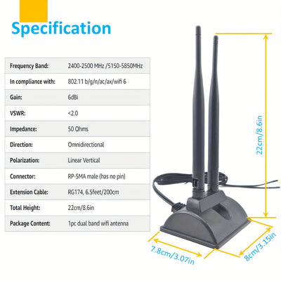 Antena de WiFi 6 6E de triple banda de 6dBi 2,4 GHz + 5 GHz con base magnética para router de WiFi 6 6E, computadora de escritorio con tarjeta WiFi 6E PCI-E y placa base para juegos de WiFi