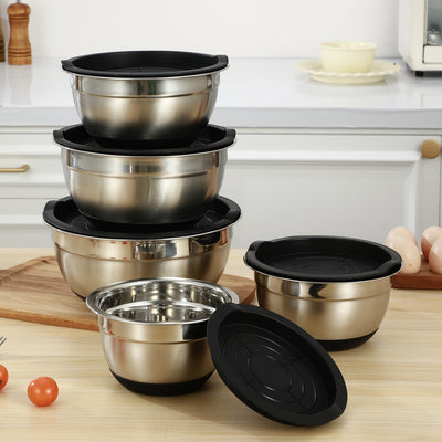 Juego de 5 tazones tapados para cocina, acero inoxidable, ideal para hornear, preparar, cocinar y servir, diseño en capas que ahorra espacio de almacenamiento
