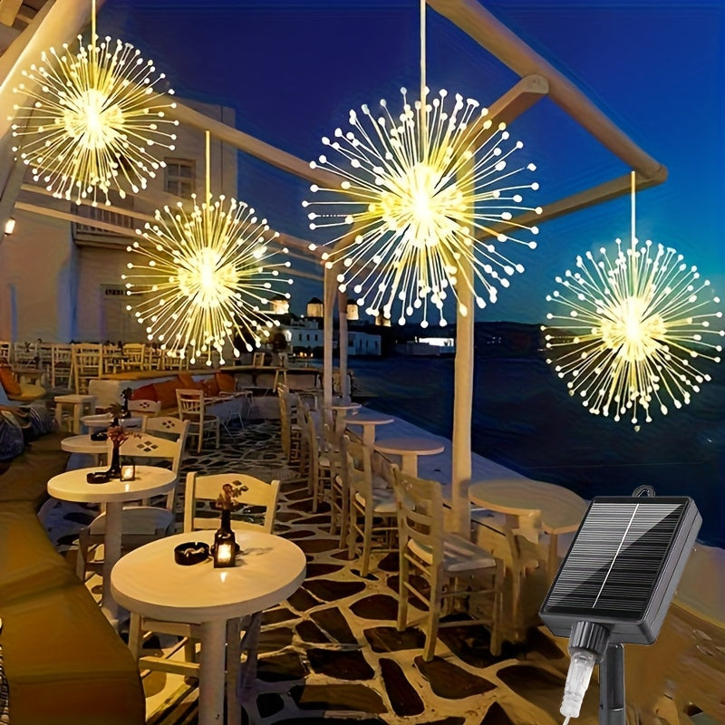 4 luces colgantes solares para exteriores tipo fuegos artificiales, cadena de luces LED, 240 LED esferas centelleantes, blanco cálido/multicolor/blanco, 8 modos, para patio, sombrilla, alero, jardín, árbol, carpa, decoración navideña